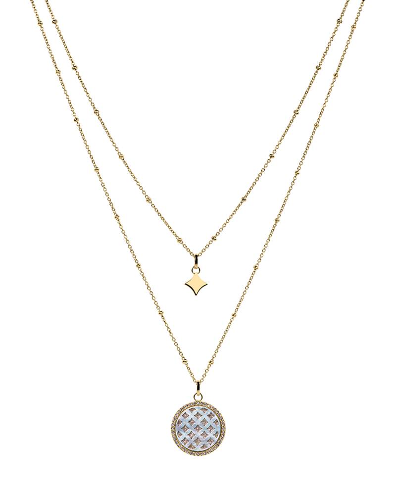 Damen Kette Zweireihiges LUNELIA Gold Edelstahl Perlmutt Weiss